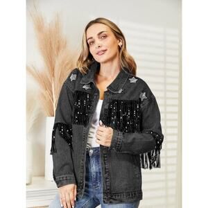 NWT Women’s Medium Oversized Distressed Black Denim Sequin Fringe Jacket